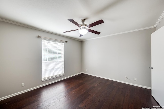 spare room featuring ceiling fan, crown molding, and dark hardwood / wood-style floors