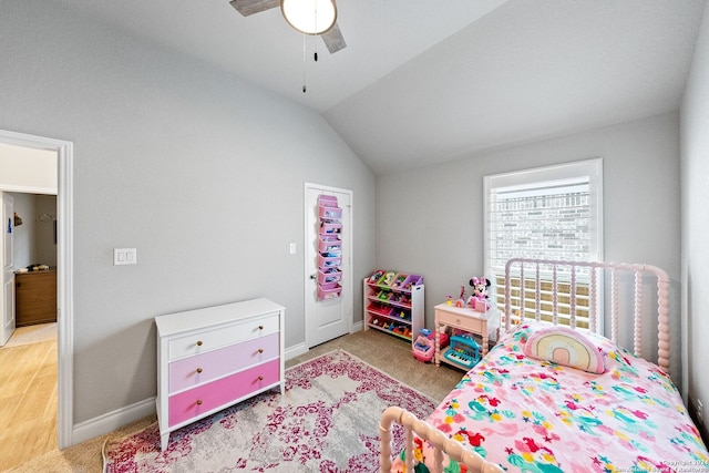 bedroom featuring carpet flooring, ceiling fan, and lofted ceiling