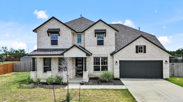 french country home featuring a front lawn and a garage