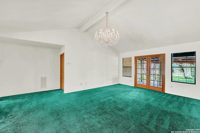 spare room featuring french doors, an inviting chandelier, beamed ceiling, high vaulted ceiling, and carpet floors