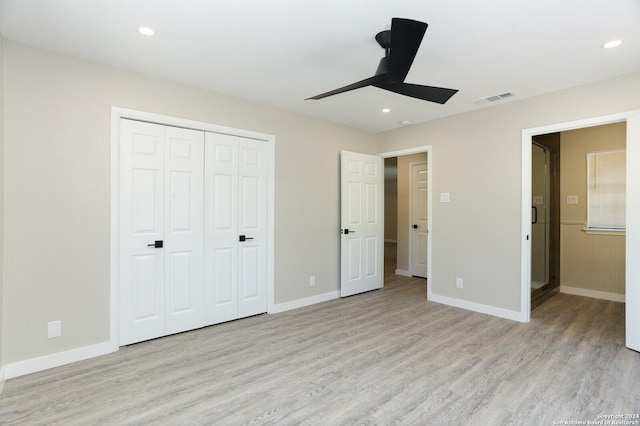 unfurnished bedroom with a closet, ceiling fan, and light hardwood / wood-style flooring