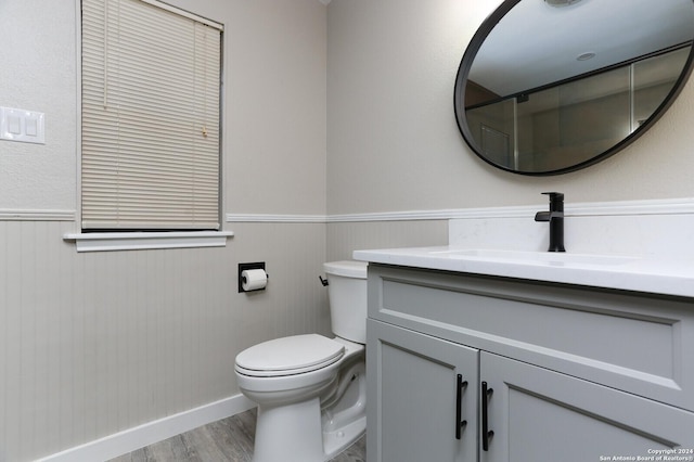 bathroom featuring vanity, hardwood / wood-style flooring, and toilet