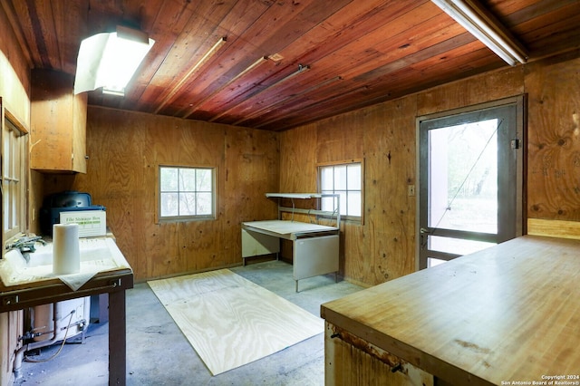 interior space featuring wooden walls