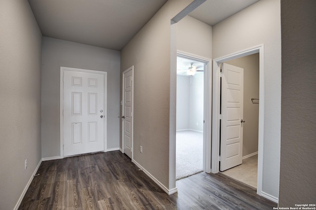 corridor featuring dark wood-type flooring