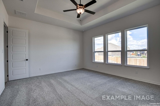 spare room featuring ceiling fan, carpet, and a tray ceiling