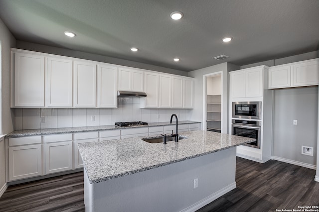 kitchen with appliances with stainless steel finishes, white cabinets, sink, and a center island with sink