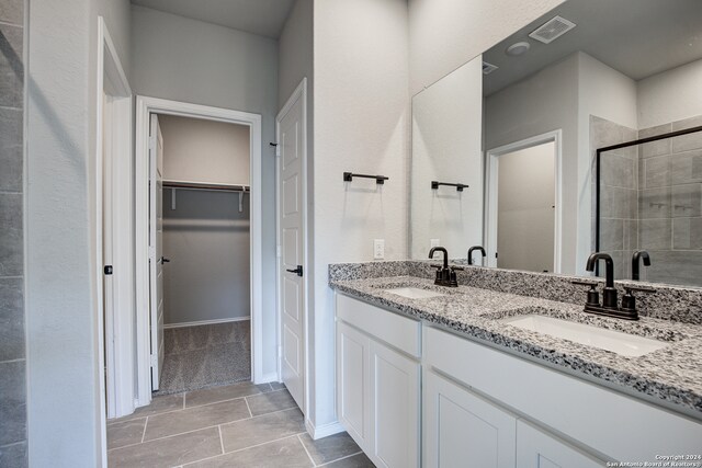 bathroom featuring vanity and a shower with shower door