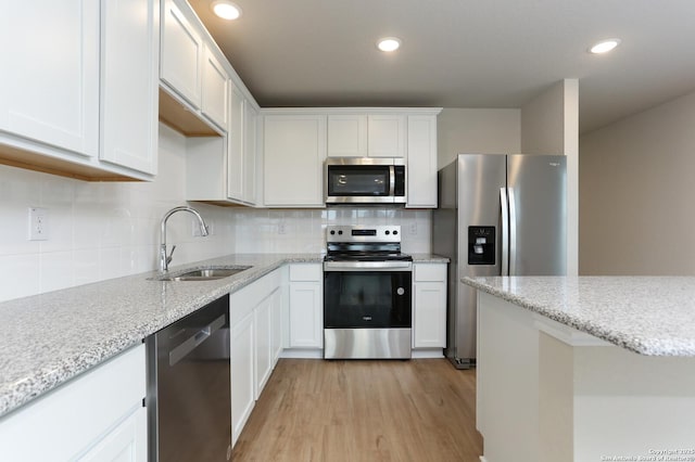 kitchen featuring backsplash, white cabinets, sink, light hardwood / wood-style flooring, and stainless steel appliances