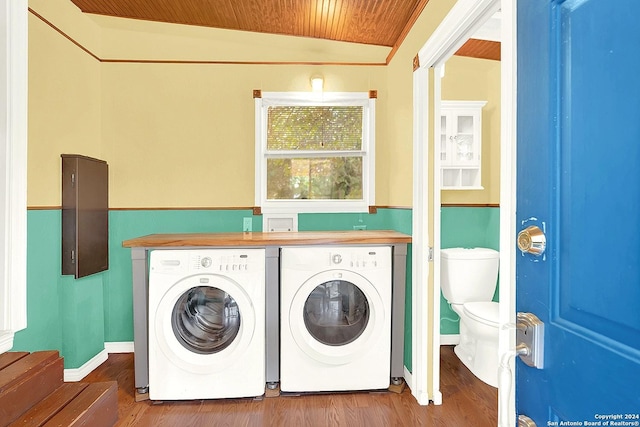 laundry area featuring washer and clothes dryer, wood-type flooring, and wood ceiling