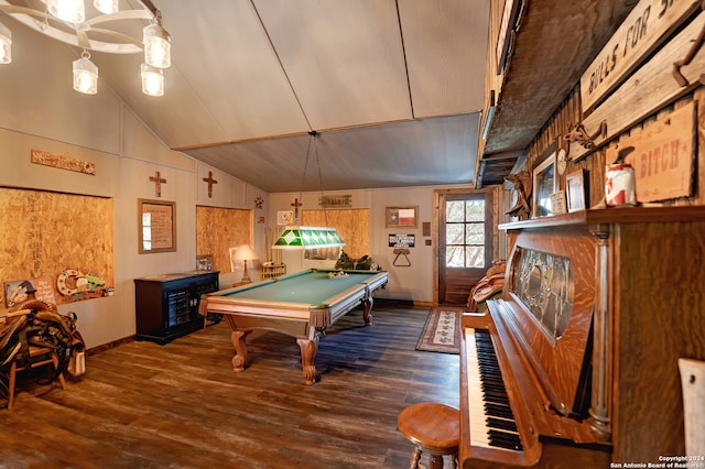 playroom featuring lofted ceiling, pool table, and dark hardwood / wood-style floors