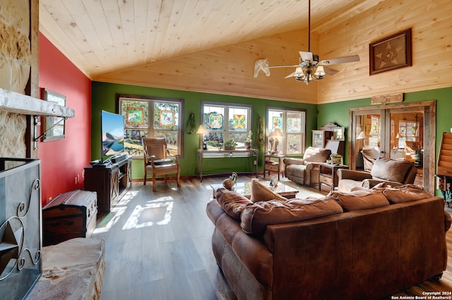 living room with lofted ceiling, wood-type flooring, wooden ceiling, and ceiling fan