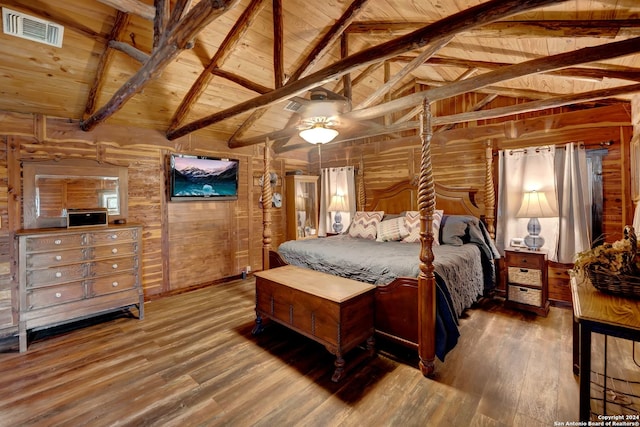 dining space featuring dark wood finished floors, visible vents, vaulted ceiling, and ceiling fan