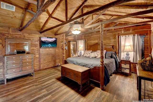 bedroom with hardwood / wood-style floors, wood ceiling, wooden walls, and lofted ceiling with beams