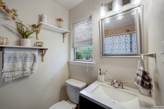 bathroom featuring vanity, toilet, and walk in shower