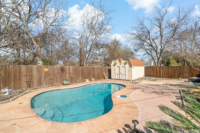 view of swimming pool featuring a patio and a storage unit