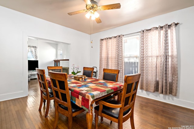 dining room featuring ceiling fan and dark wood-type flooring