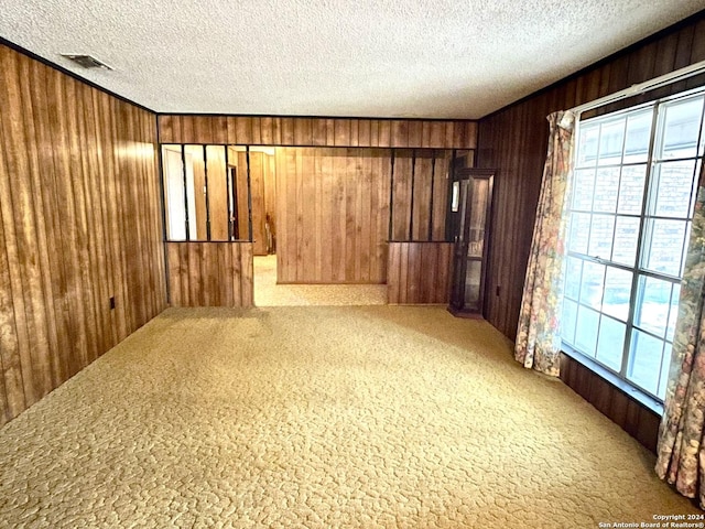 carpeted spare room featuring wood walls and a textured ceiling