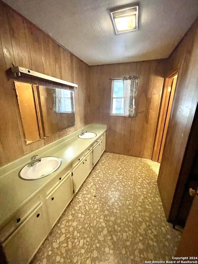 bathroom with vanity and wooden walls