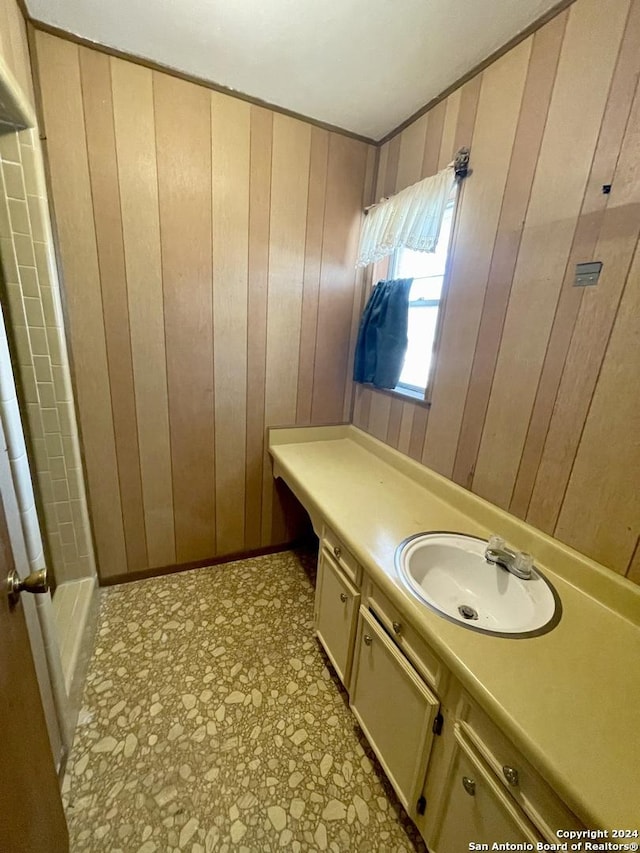 bathroom with vanity and wooden walls