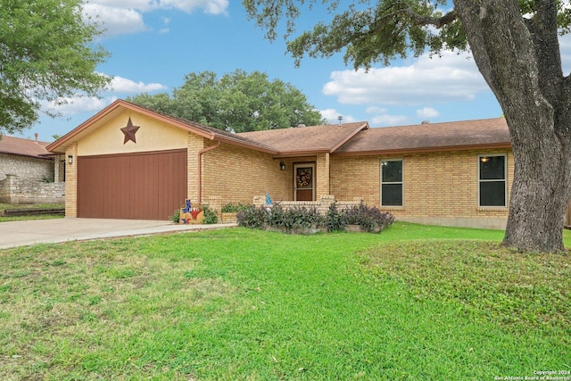 ranch-style house with a front lawn and a garage