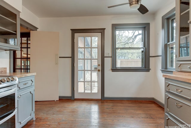 doorway featuring ceiling fan and wood-type flooring