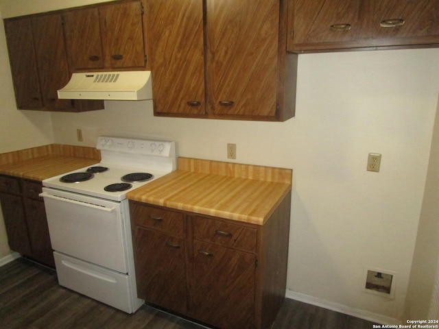 kitchen featuring white range with electric stovetop and dark hardwood / wood-style flooring