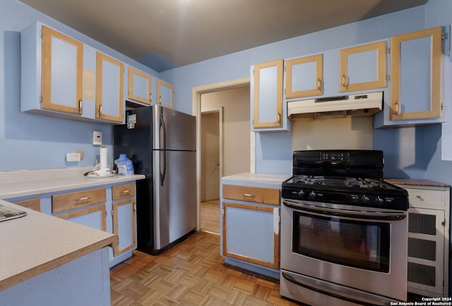 kitchen featuring stainless steel appliances and light parquet floors