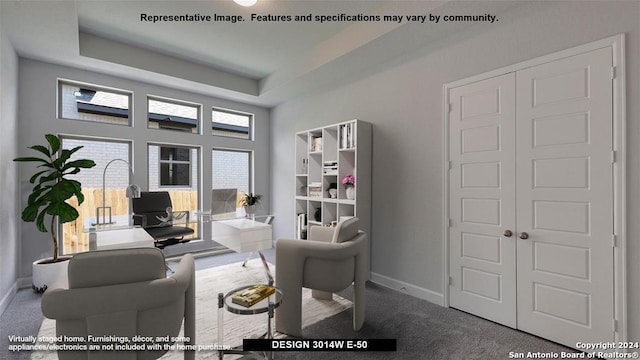 home office with carpet flooring and a raised ceiling