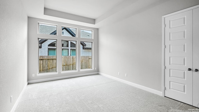 unfurnished room featuring a raised ceiling and light colored carpet