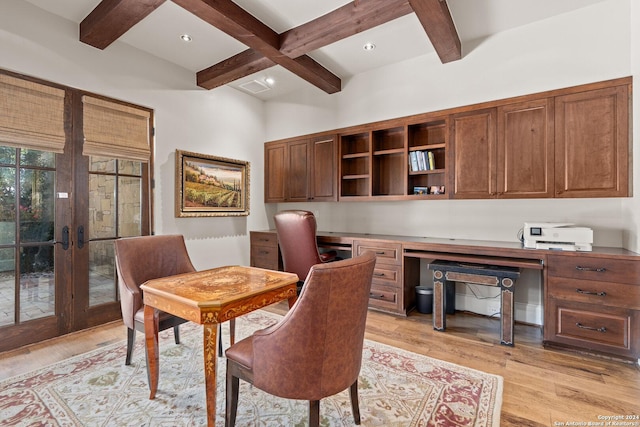 home office featuring french doors, coffered ceiling, light hardwood / wood-style flooring, beamed ceiling, and built in desk