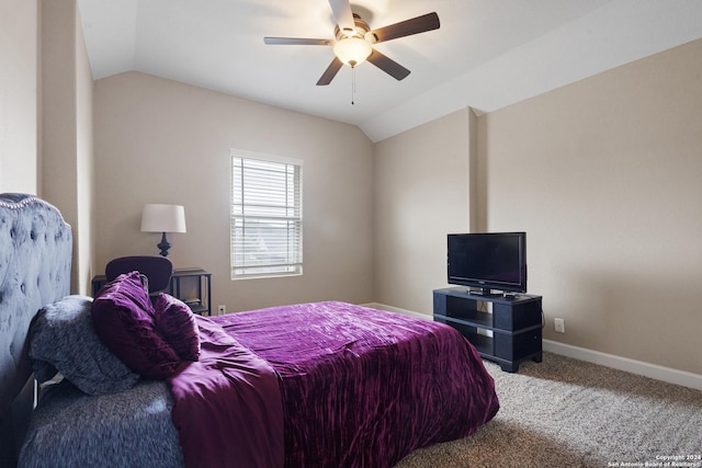 bedroom with lofted ceiling, carpet floors, and ceiling fan