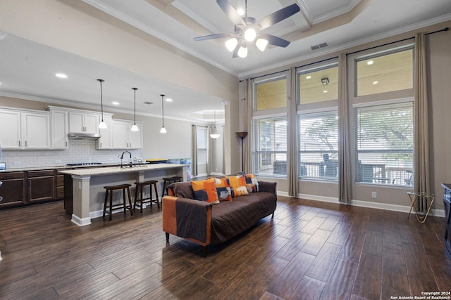 living room with dark hardwood / wood-style flooring, a healthy amount of sunlight, and crown molding