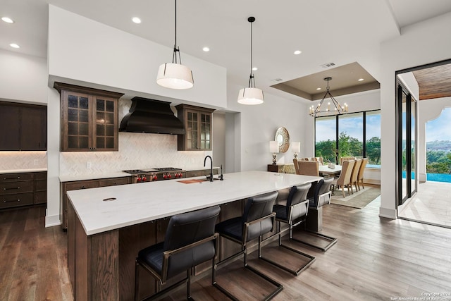 kitchen with custom exhaust hood, a raised ceiling, a spacious island, sink, and tasteful backsplash