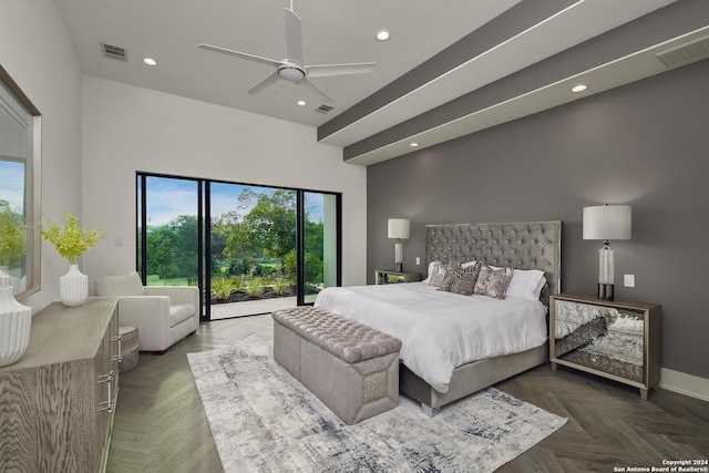 bedroom featuring access to exterior, dark parquet flooring, and ceiling fan