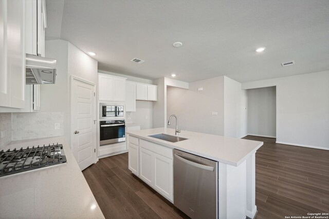 kitchen with appliances with stainless steel finishes, white cabinetry, tasteful backsplash, sink, and a center island with sink