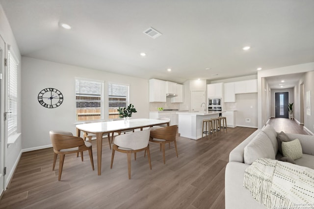 dining room featuring sink and hardwood / wood-style floors