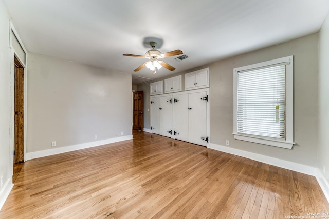 interior space with ceiling fan and light wood-type flooring