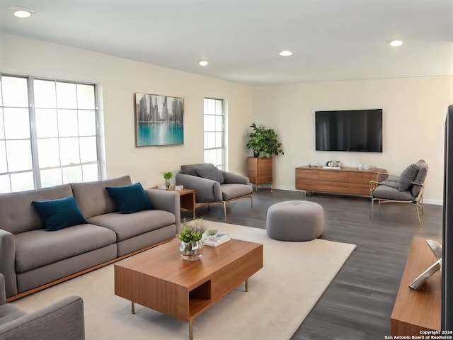 living area with recessed lighting, baseboards, and wood finished floors