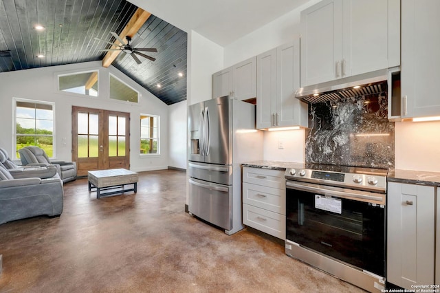 kitchen with tasteful backsplash, ceiling fan, beam ceiling, appliances with stainless steel finishes, and stone countertops