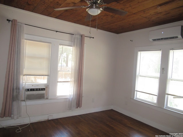 unfurnished room featuring a healthy amount of sunlight, dark wood-type flooring, and wooden ceiling