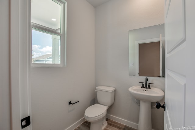 bathroom featuring toilet, wood-type flooring, and sink