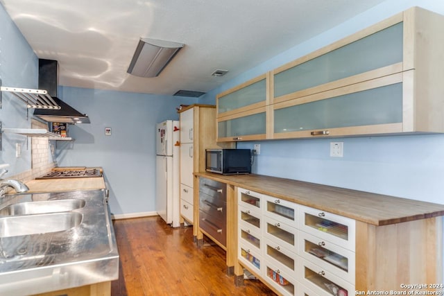 kitchen featuring white refrigerator, sink, decorative backsplash, stainless steel counters, and dark hardwood / wood-style flooring