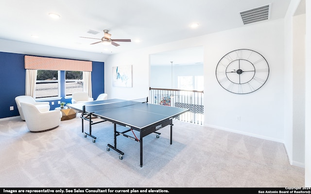 game room featuring a healthy amount of sunlight, carpet, and ceiling fan