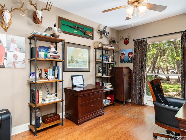 office area featuring ceiling fan and light wood-type flooring