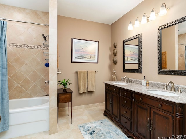 bathroom featuring vanity, shower / bath combo, and tile patterned flooring