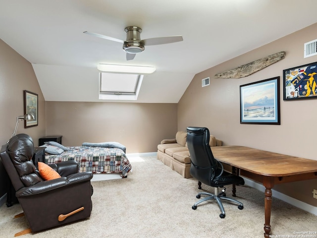 carpeted bedroom with vaulted ceiling and ceiling fan