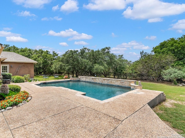 view of swimming pool featuring a patio area and a lawn