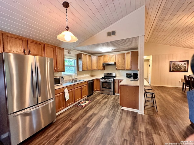 kitchen with dark hardwood / wood-style flooring, stainless steel appliances, wooden ceiling, sink, and pendant lighting