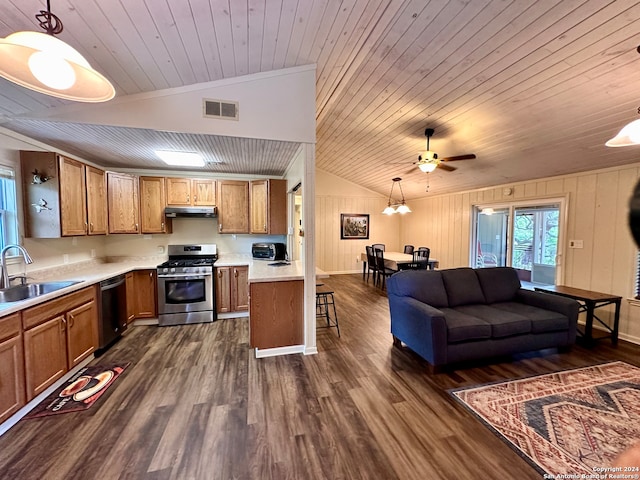 kitchen with wooden ceiling, hanging light fixtures, dark hardwood / wood-style flooring, and stainless steel range with gas cooktop