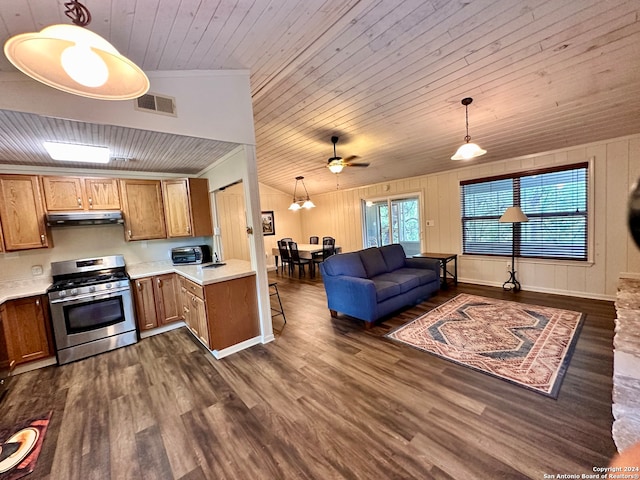 kitchen featuring decorative light fixtures, dark hardwood / wood-style flooring, stainless steel range with gas stovetop, ceiling fan, and wooden ceiling